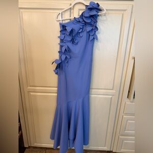 Chic One-Shoulder Blue Dress with Flower Details